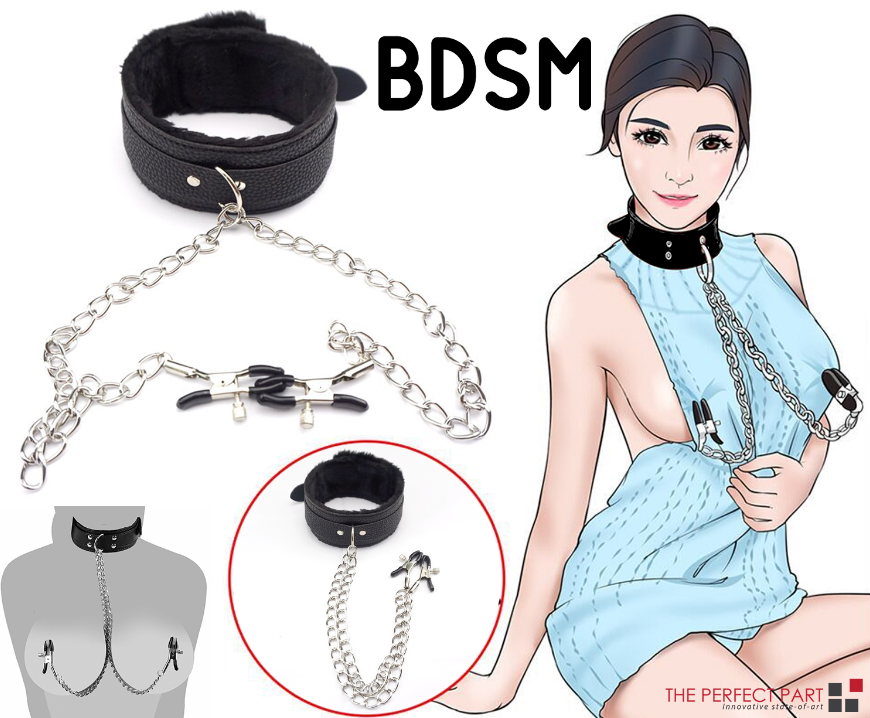 Collar de piel sintética con pinzas para pezones