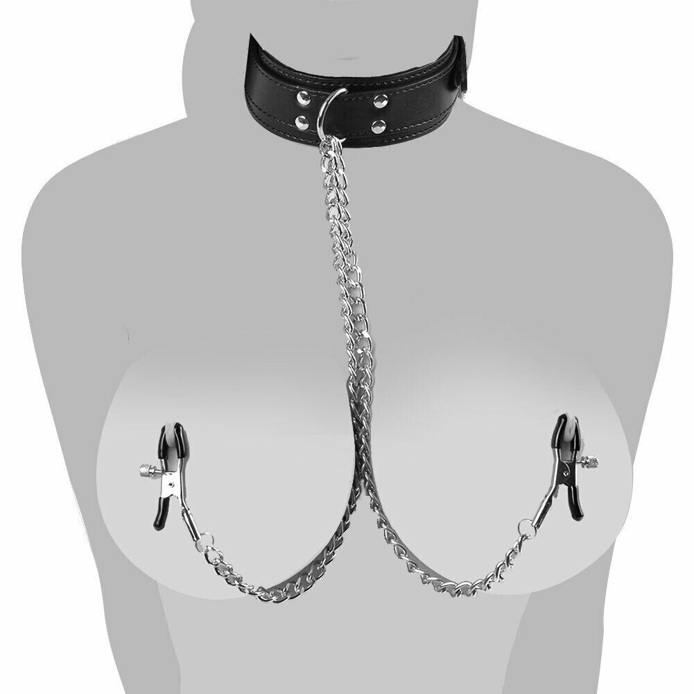 Collar de piel sintética con pinzas para pezones